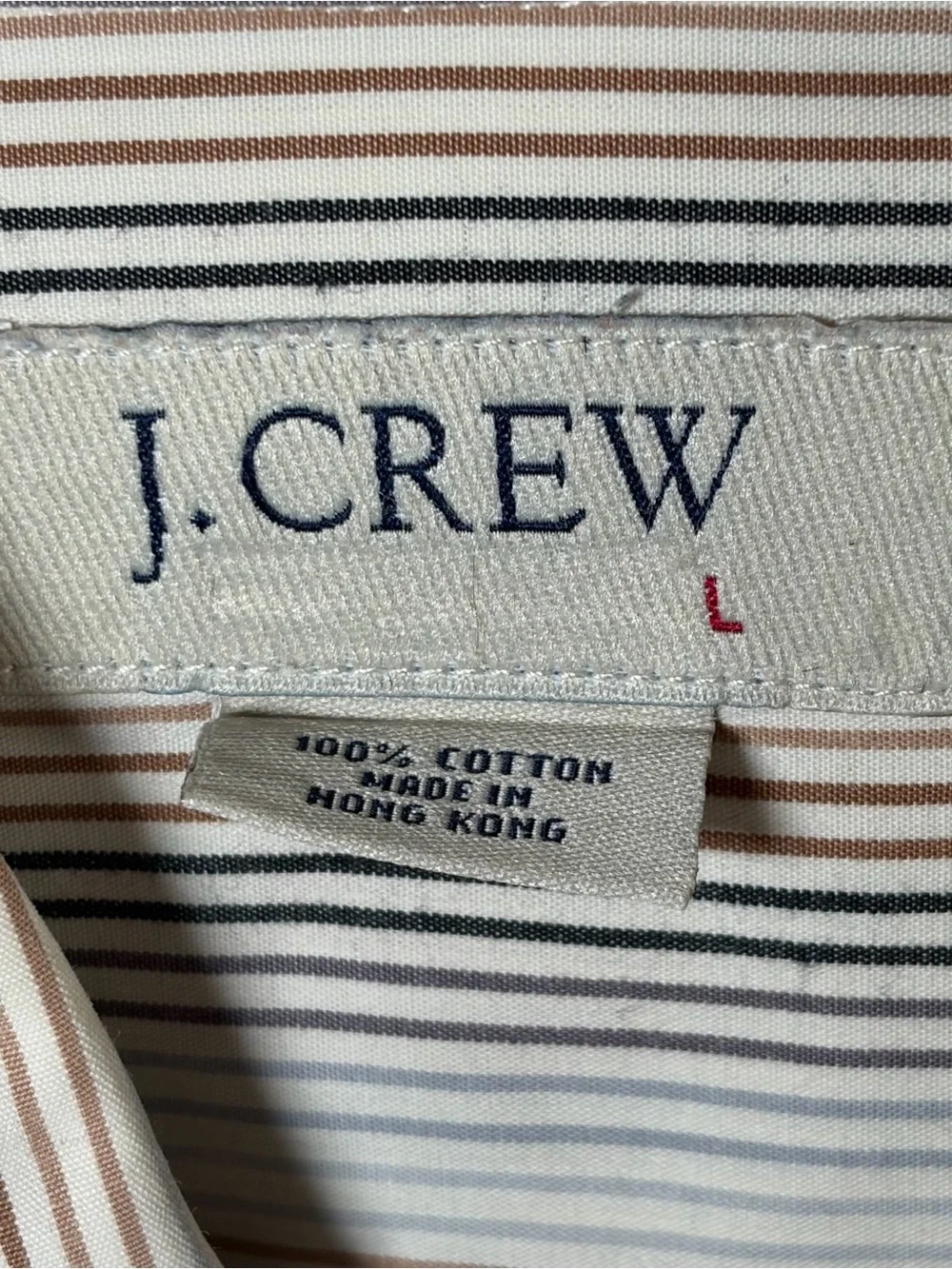 J. Crew Men’s Button-Up Shirt Cream with Gray, Tan, Brown, Black Pinstripes Lrg